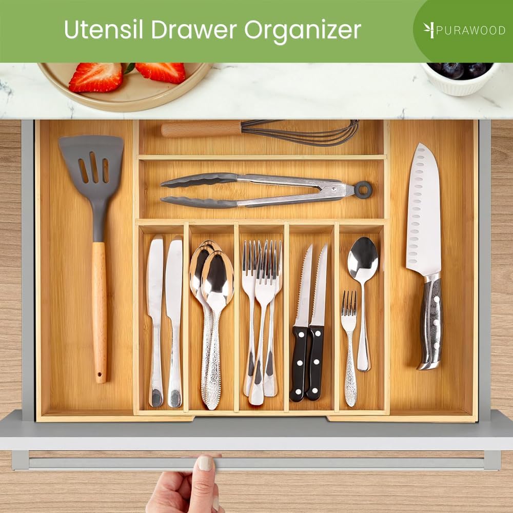 Kitchen Drawer Organizer with Knife Blocks - Utensil Drawer Organizer for Kitchen, Cutlery Tray & Silverware Organizer, 3-5 Slots - Bamboo Organizer for Utensils & Flatware (Natural)