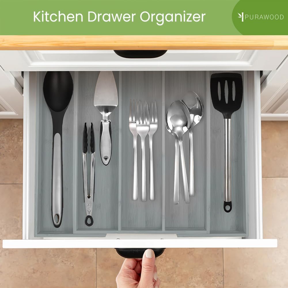 Kitchen Drawer Organizer with Knife Blocks - Utensil Drawer Organizer for Kitchen, Cutlery Tray & Silverware Organizer, 3-5 Slots - Bamboo Organizer for Utensils & Flatware (Natural)