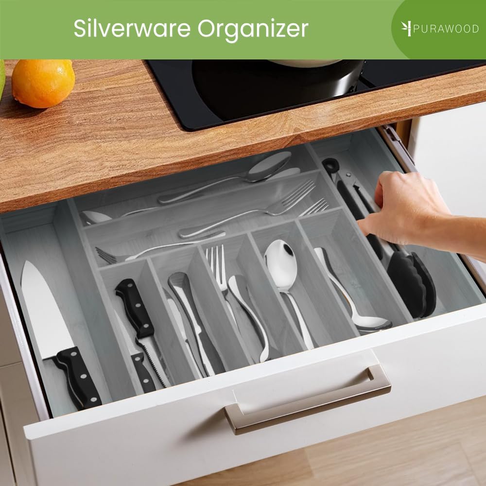 Kitchen Drawer Organizer with Knife Blocks - Utensil Drawer Organizer for Kitchen, Cutlery Tray & Silverware Organizer, 3-5 Slots - Bamboo Organizer for Utensils & Flatware (Natural)