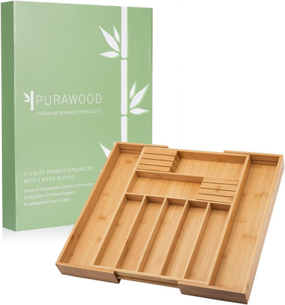 Kitchen Drawer Organizer with Knife Blocks - Utensil Drawer Organizer for Kitchen, Cutlery Tray & Silverware Organizer, 3-5 Slots - Bamboo Organizer for Utensils & Flatware (Natural)