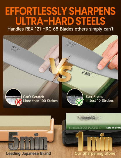 Knife Sharpening Stone Kits,[5x Faster Cutting] Pro-1000 Grit Dimaond Whetstone Knife Sharpener with Pre-Applied Diamond Leather Strop, Angle Tool and Non-Slip Base, for Kitchen, Chef& Outdoor Knives