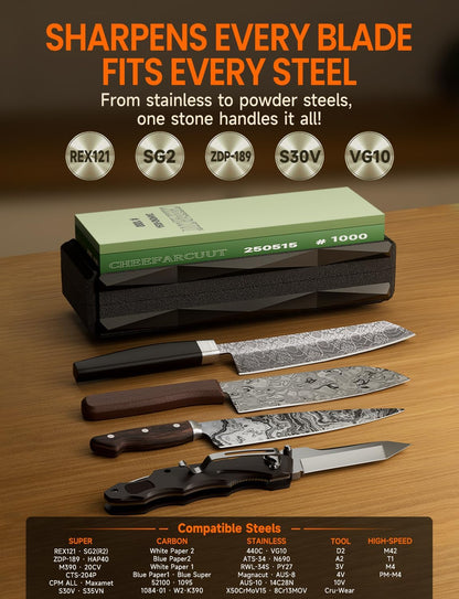 Knife Sharpening Stone Kits,[5x Faster Cutting] Pro-1000 Grit Dimaond Whetstone Knife Sharpener with Pre-Applied Diamond Leather Strop, Angle Tool and Non-Slip Base, for Kitchen, Chef& Outdoor Knives