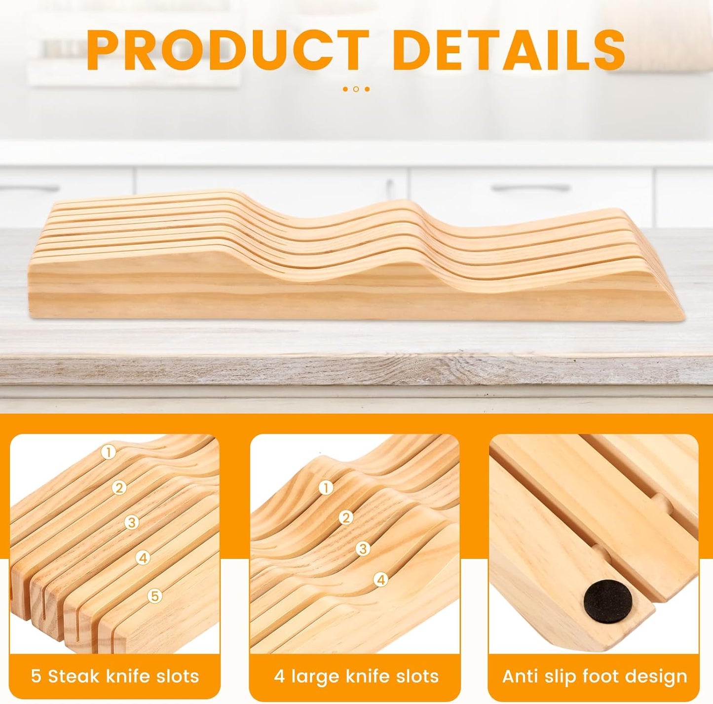 Knife Block Holder Organizer, Compatible Compact Knife Drawer Organizer, Sturdy Versatile Meat Cutting Tool Holder for Putting Tool, Fits Most Knifes Sizes, Bamboo In-Drawer Block Set(5 pieces)