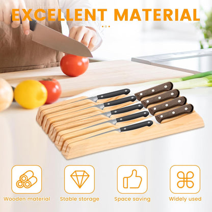 Knife Block Holder Organizer, Compatible Compact Knife Drawer Organizer, Sturdy Versatile Meat Cutting Tool Holder for Putting Tool, Fits Most Knifes Sizes, Bamboo In-Drawer Block Set(5 pieces)