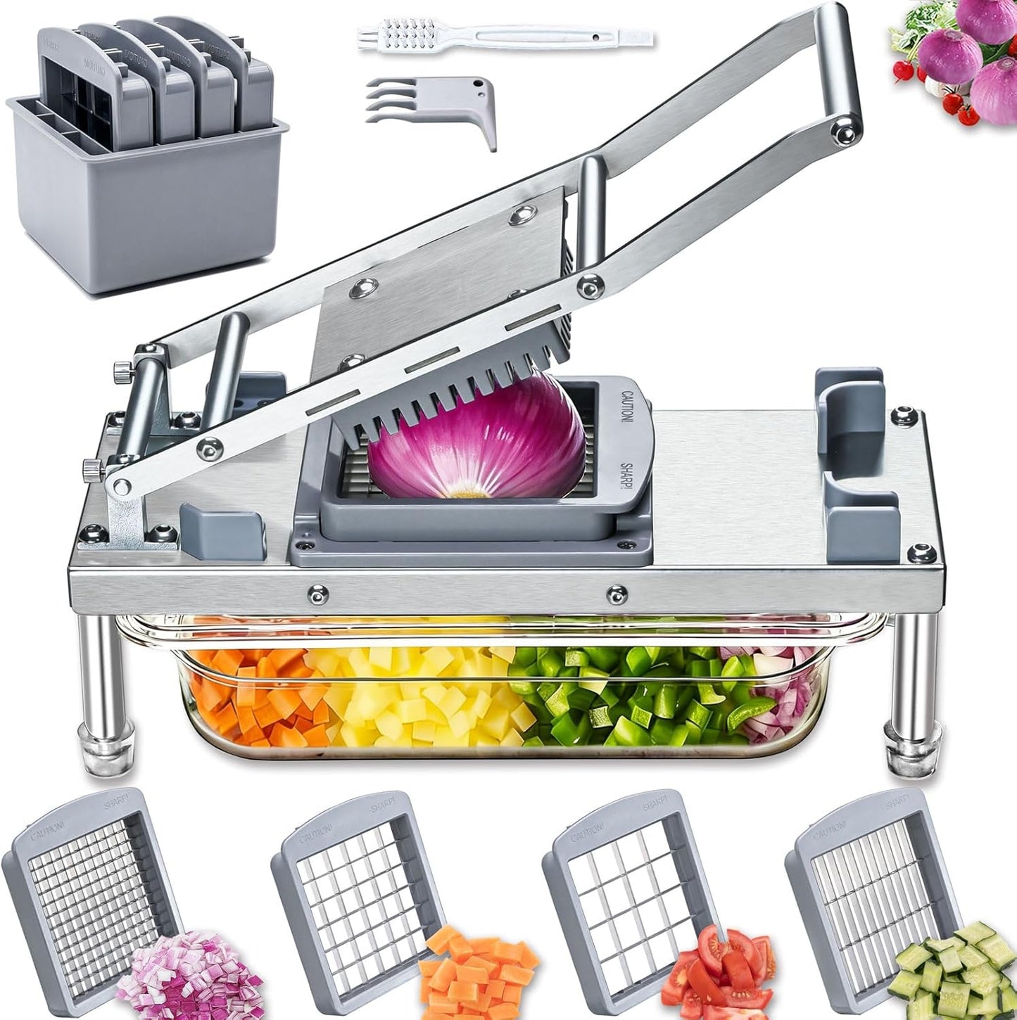 Stainless Steel Vegetable Chopper with 10 Blades - Mandoline Slicer-Pro Food Chopper with Container - Veggie Salad Onion Chopper - Potato Dicer - Tomato Cutter - Cheese Grater