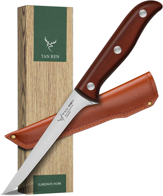TAN REN Boning Knife for Meat Cutting, 5 Inch Brisket Trimming Knife | Stainless Boning Knives with Sheath, Meat Trimming Butcher Knife, Flexible Carving Knife for Meat