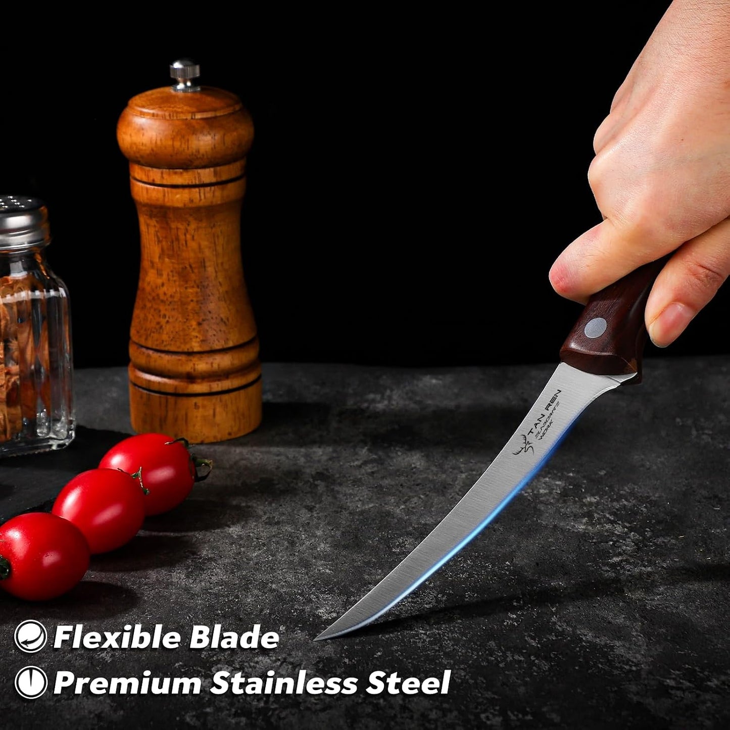 TAN REN Boning Knife for Meat Cutting, 5 Inch Brisket Trimming Knife | Stainless Boning Knives with Sheath, Meat Trimming Butcher Knife, Flexible Carving Knife for Meat
