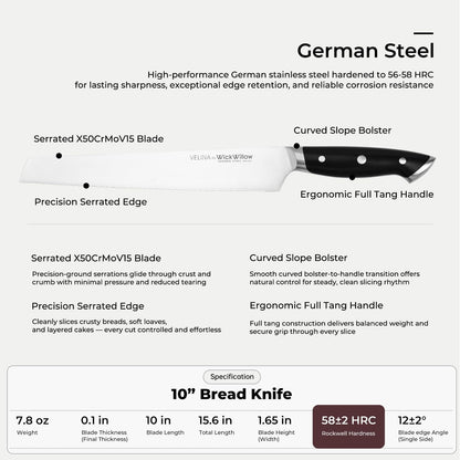 10” Bread Knife – German Steel for Home Bakers, Serrated | Perfect for sourdough, homemade bread and artisan loaves. Dishwasher safe, hand wash recommended. Gift box included.