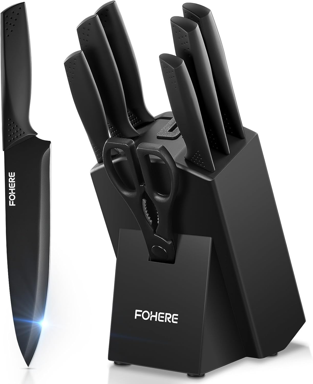 Knife Set FOHERE 8 Pieces Kitchen Knives Set with Block High Carbon Stainless Steel Self-Sharpening Knife Block Set with Built-in Sharpener, Black