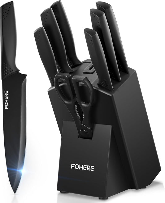 Knife Set FOHERE 8 Pieces Kitchen Knives Set with Block High Carbon Stainless Steel Self-Sharpening Knife Block Set with Built-in Sharpener, Black