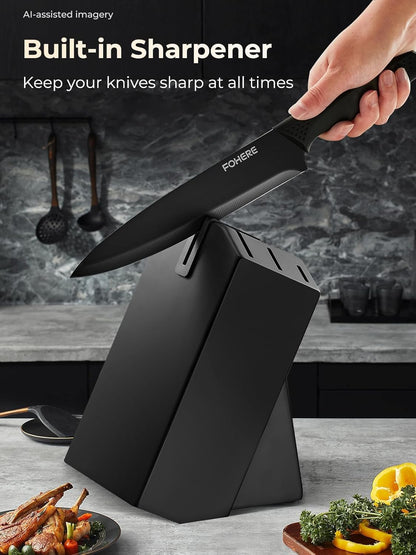 Knife Set FOHERE 8 Pieces Kitchen Knives Set with Block High Carbon Stainless Steel Self-Sharpening Knife Block Set with Built-in Sharpener, Black
