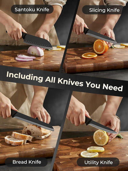 Knife Set FOHERE 8 Pieces Kitchen Knives Set with Block High Carbon Stainless Steel Self-Sharpening Knife Block Set with Built-in Sharpener, Black