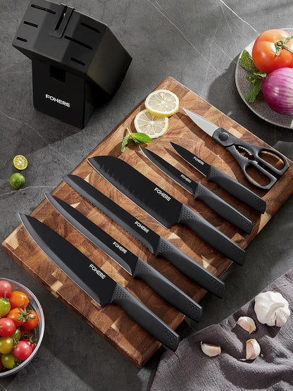 Knife Set FOHERE 8 Pieces Kitchen Knives Set with Block High Carbon Stainless Steel Self-Sharpening Knife Block Set with Built-in Sharpener, Black