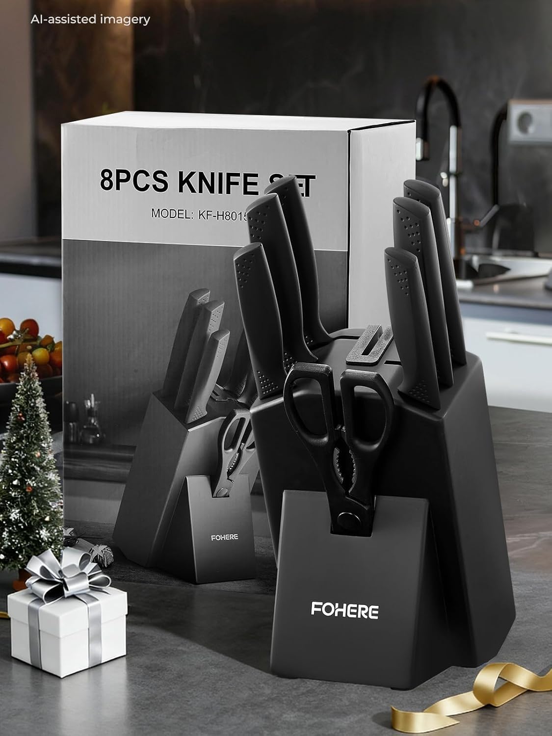 Knife Set FOHERE 8 Pieces Kitchen Knives Set with Block High Carbon Stainless Steel Self-Sharpening Knife Block Set with Built-in Sharpener, Black