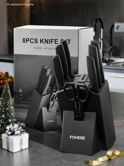 Knife Set FOHERE 8 Pieces Kitchen Knives Set with Block High Carbon Stainless Steel Self-Sharpening Knife Block Set with Built-in Sharpener, Black