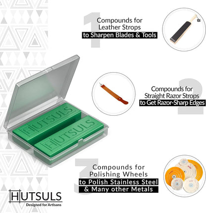 Knife Stropping Compound With Case - (2-Pack, 5 Oz Total) for Razor-Sharp Edges, Green Buffing Bars Easy to Use With Leather Strop Guide