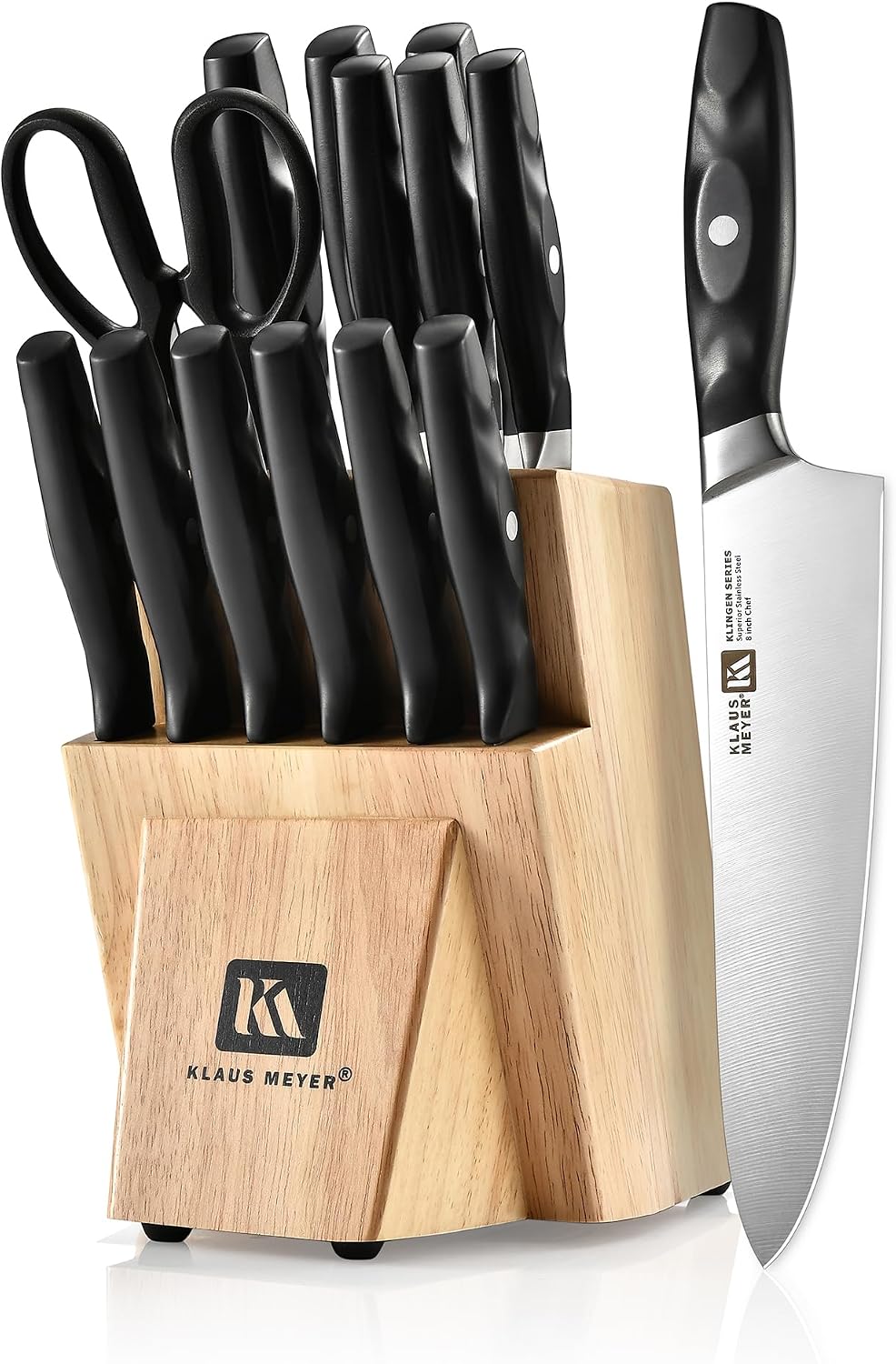 Klingen 15 Piece German Steel Kitchen Knife Set With Block | High Carbon German Steel, Full Tang Forged, 15-17 Degree Edge Angle, Non-Slip Ergonomic Handles, Dish-Washer Safe