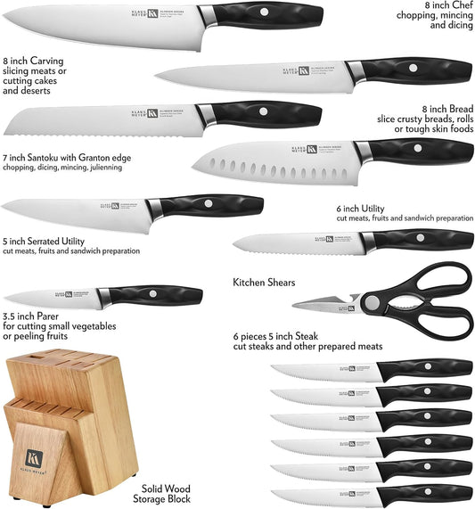 Klingen 15 Piece German Steel Kitchen Knife Set With Block | High Carbon German Steel, Full Tang Forged, 15-17 Degree Edge Angle, Non-Slip Ergonomic Handles, Dish-Washer Safe