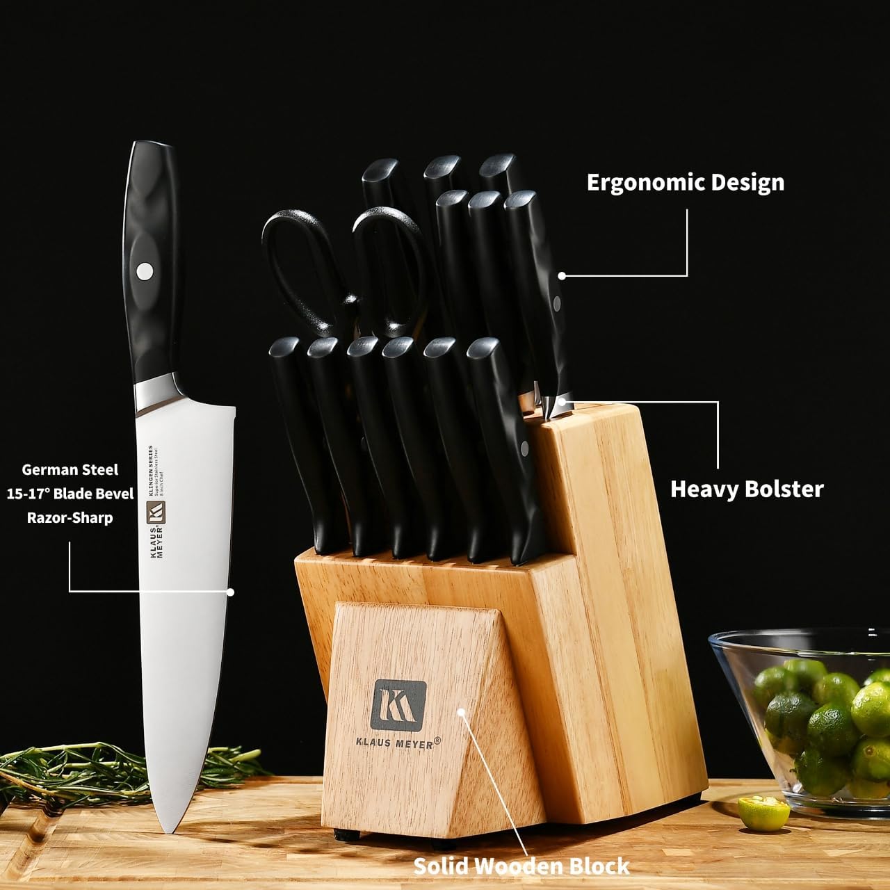 Klingen 15 Piece German Steel Kitchen Knife Set With Block | High Carbon German Steel, Full Tang Forged, 15-17 Degree Edge Angle, Non-Slip Ergonomic Handles, Dish-Washer Safe
