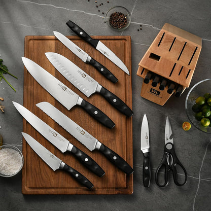 Klingen 15 Piece German Steel Kitchen Knife Set With Block | High Carbon German Steel, Full Tang Forged, 15-17 Degree Edge Angle, Non-Slip Ergonomic Handles, Dish-Washer Safe