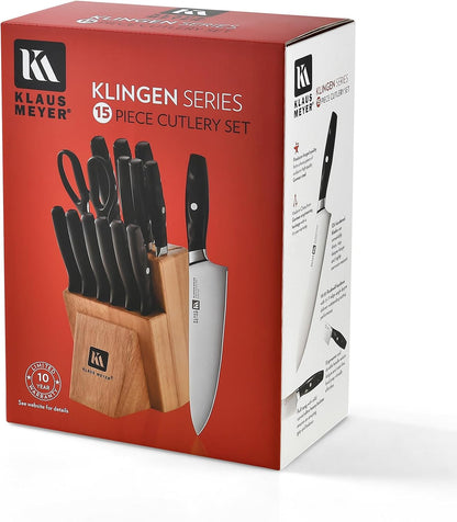 Klingen 15 Piece German Steel Kitchen Knife Set With Block | High Carbon German Steel, Full Tang Forged, 15-17 Degree Edge Angle, Non-Slip Ergonomic Handles, Dish-Washer Safe