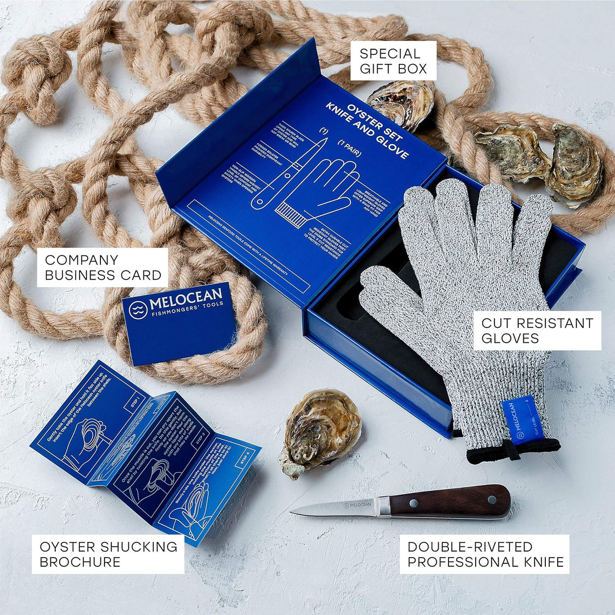 Professional Oyster Shucking Knife and Gloves Set in Gift Box | 6.3” Full Tang French 3cr13 Stainless Steel Oyster Knife, EN388 Level 5 Cut-Resistant Gloves S-XL, Clam Oyster Shucker Kit