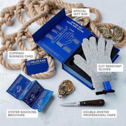 Professional Oyster Shucking Knife and Gloves Set in Gift Box | 6.3” Full Tang French 3cr13 Stainless Steel Oyster Knife, EN388 Level 5 Cut-Resistant Gloves S-XL, Clam Oyster Shucker Kit