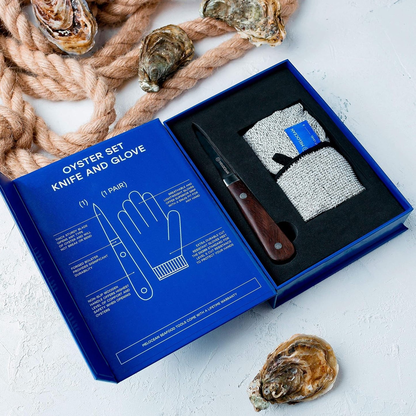 Professional Oyster Shucking Knife and Gloves Set in Gift Box | 6.3” Full Tang French 3cr13 Stainless Steel Oyster Knife, EN388 Level 5 Cut-Resistant Gloves S-XL, Clam Oyster Shucker Kit