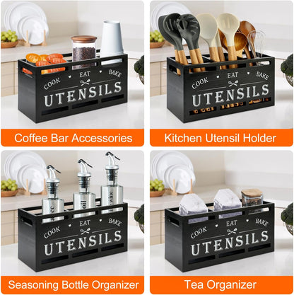 Extra Large Black Wood Utensil Holder Organizer Farmhouse Kitchen Decor Cutlery Spatula Holder Silverware Caddy Wooden Cooking Utensils Holder for Kitchen Countertop Utensil Crock Spoon Tools Holder