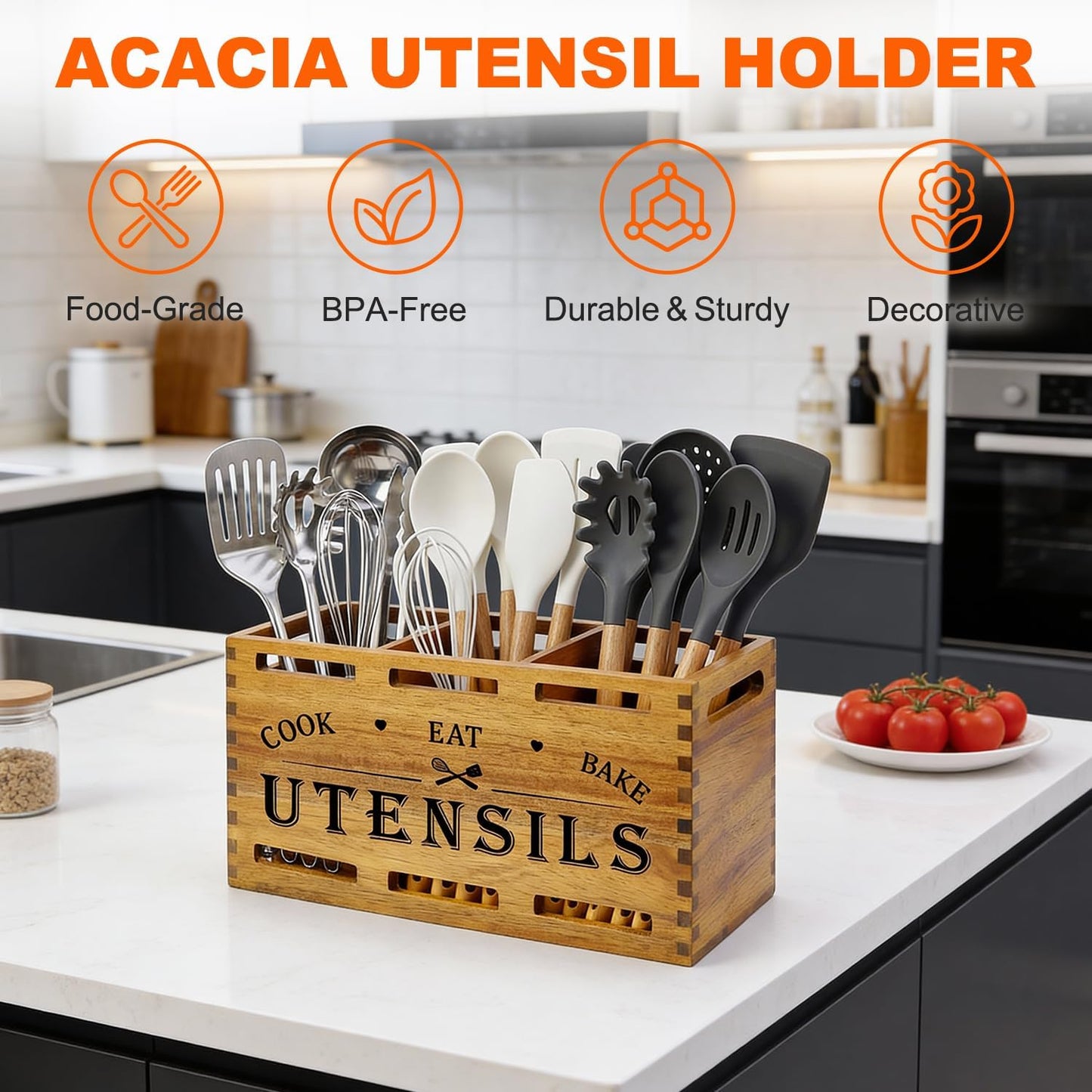 Extra Large Black Wood Utensil Holder Organizer Farmhouse Kitchen Decor Cutlery Spatula Holder Silverware Caddy Wooden Cooking Utensils Holder for Kitchen Countertop Utensil Crock Spoon Tools Holder