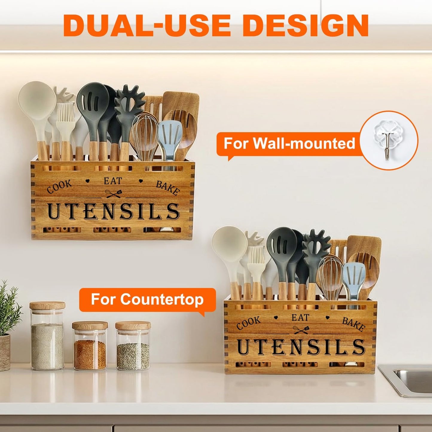 Extra Large Black Wood Utensil Holder Organizer Farmhouse Kitchen Decor Cutlery Spatula Holder Silverware Caddy Wooden Cooking Utensils Holder for Kitchen Countertop Utensil Crock Spoon Tools Holder