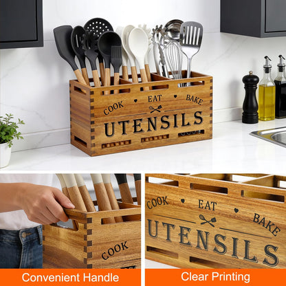 Extra Large Black Wood Utensil Holder Organizer Farmhouse Kitchen Decor Cutlery Spatula Holder Silverware Caddy Wooden Cooking Utensils Holder for Kitchen Countertop Utensil Crock Spoon Tools Holder