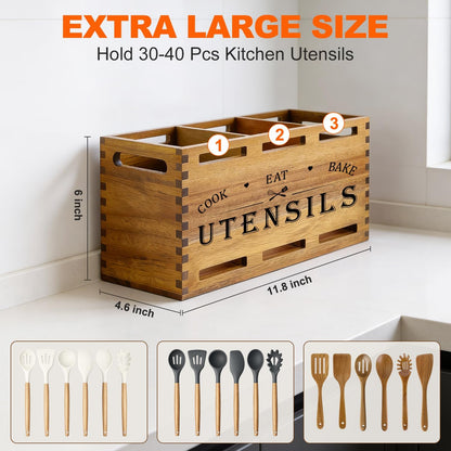 Extra Large Black Wood Utensil Holder Organizer Farmhouse Kitchen Decor Cutlery Spatula Holder Silverware Caddy Wooden Cooking Utensils Holder for Kitchen Countertop Utensil Crock Spoon Tools Holder