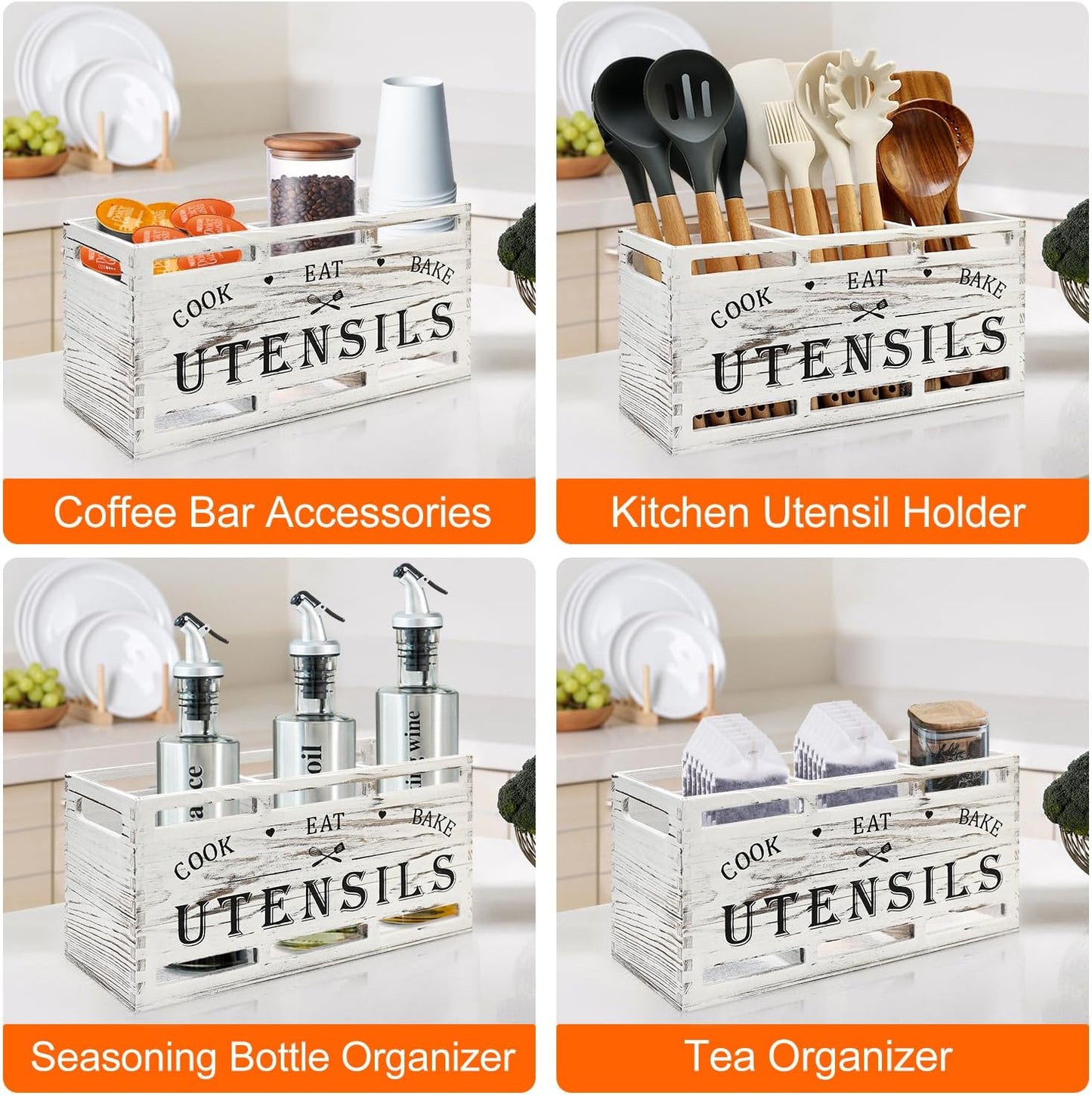 Extra Large Black Wood Utensil Holder Organizer Farmhouse Kitchen Decor Cutlery Spatula Holder Silverware Caddy Wooden Cooking Utensils Holder for Kitchen Countertop Utensil Crock Spoon Tools Holder