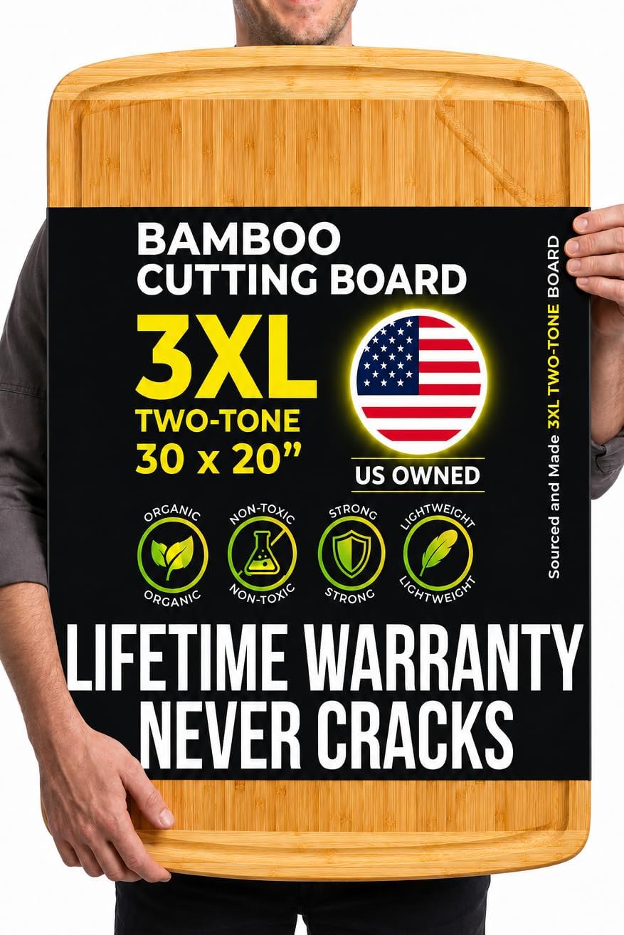 30 x 20 Organic Extra Large Cutting Board with Lifetime Replacements – Wood Bamboo Chopping Board - Wooden Butcher Block Cutting Board for Carving Turkey, Grilling Brisket and BBQ