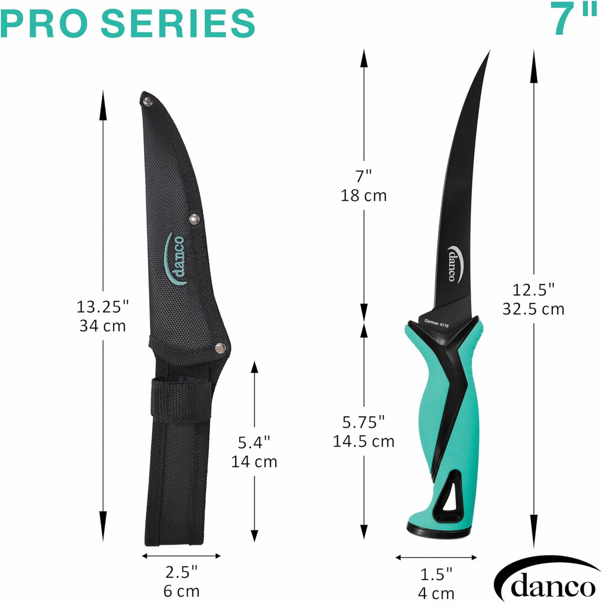 danco Pro Series 7-Inch Fillet Knife with German Steel Blade and Sheath | Pro Series 7-Inch Fillet Knife, Full Tang German G4116 Stainless Steel Blade, Teflon Coating, TPR Grip, Molded Nylon Sheath