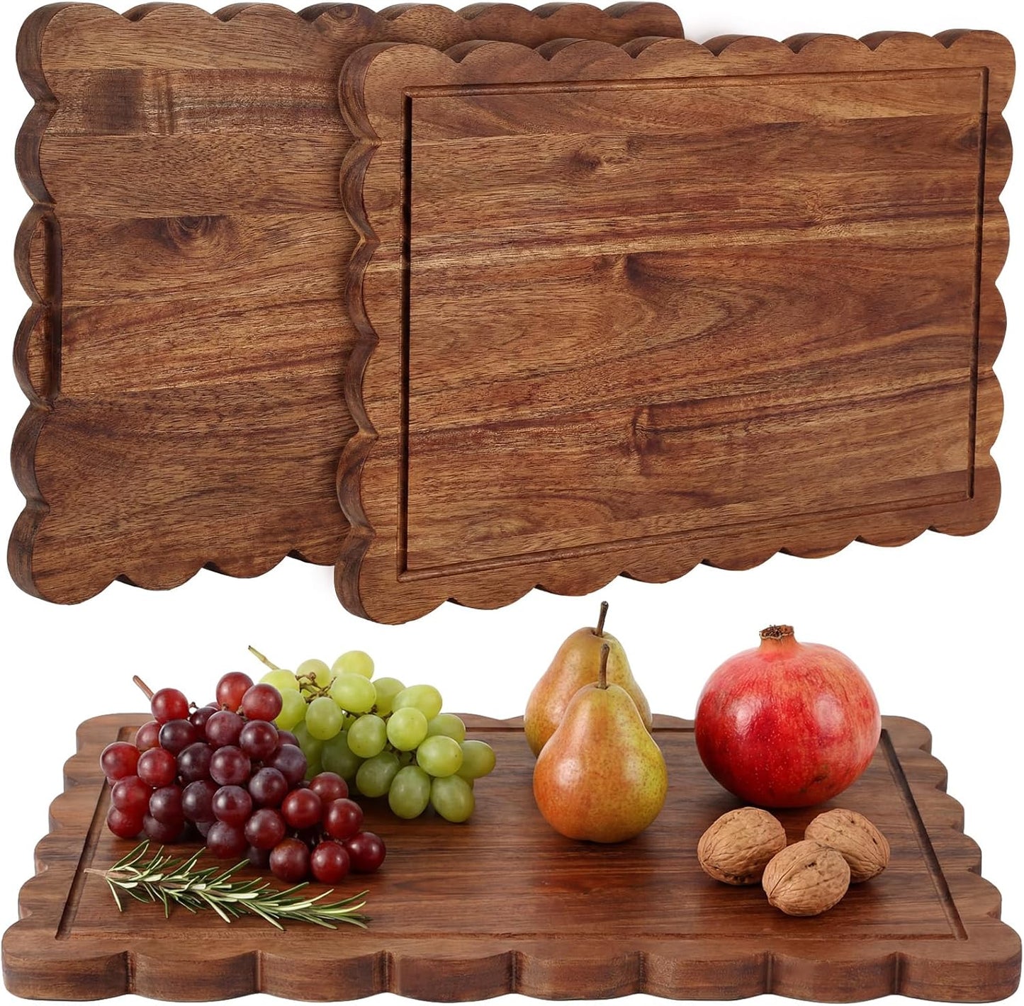 17" x 12" Scalloped Cutting Board Large Acacia Wood Cutting Board with Handle Butcher Block Wooden Trays for Kitchen Food Meat Fruit Vegetable Cheese