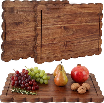 17" x 12" Scalloped Cutting Board Large Acacia Wood Cutting Board with Handle Butcher Block Wooden Trays for Kitchen Food Meat Fruit Vegetable Cheese
