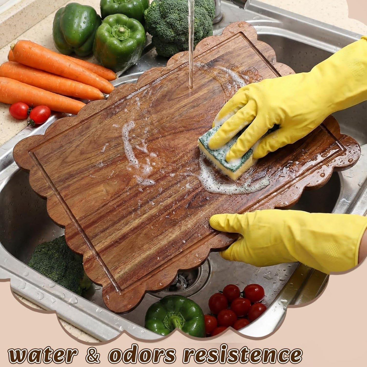 17" x 12" Scalloped Cutting Board Large Acacia Wood Cutting Board with Handle Butcher Block Wooden Trays for Kitchen Food Meat Fruit Vegetable Cheese