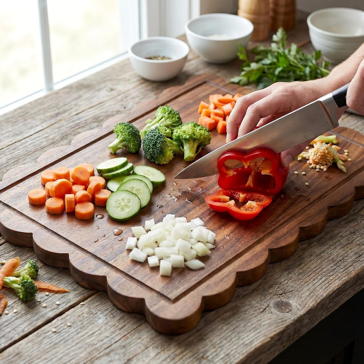17" x 12" Scalloped Cutting Board Large Acacia Wood Cutting Board with Handle Butcher Block Wooden Trays for Kitchen Food Meat Fruit Vegetable Cheese