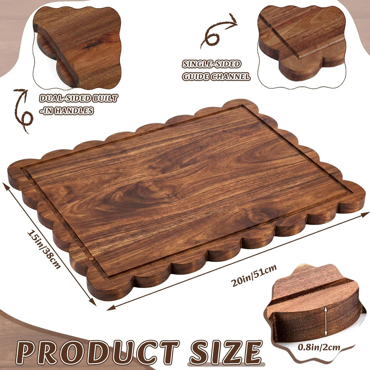 17" x 12" Scalloped Cutting Board Large Acacia Wood Cutting Board with Handle Butcher Block Wooden Trays for Kitchen Food Meat Fruit Vegetable Cheese