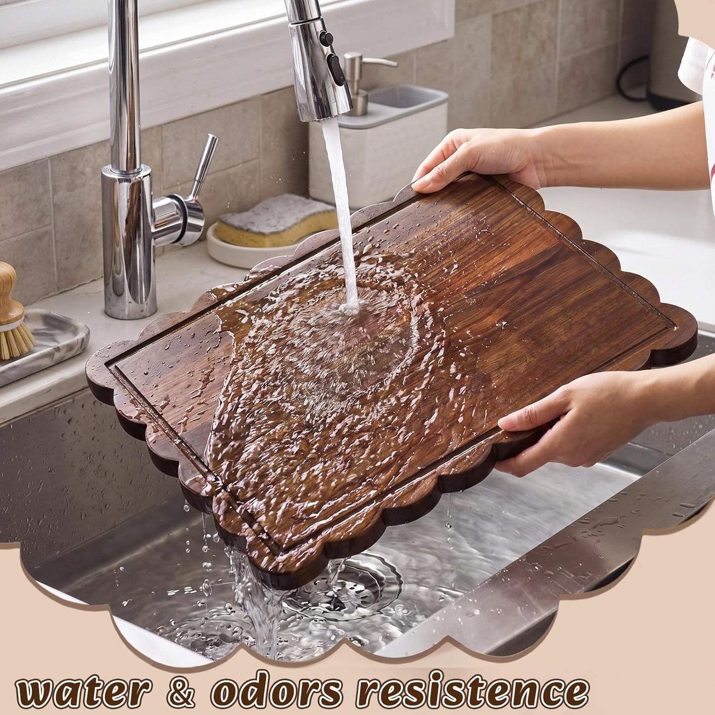 17" x 12" Scalloped Cutting Board Large Acacia Wood Cutting Board with Handle Butcher Block Wooden Trays for Kitchen Food Meat Fruit Vegetable Cheese