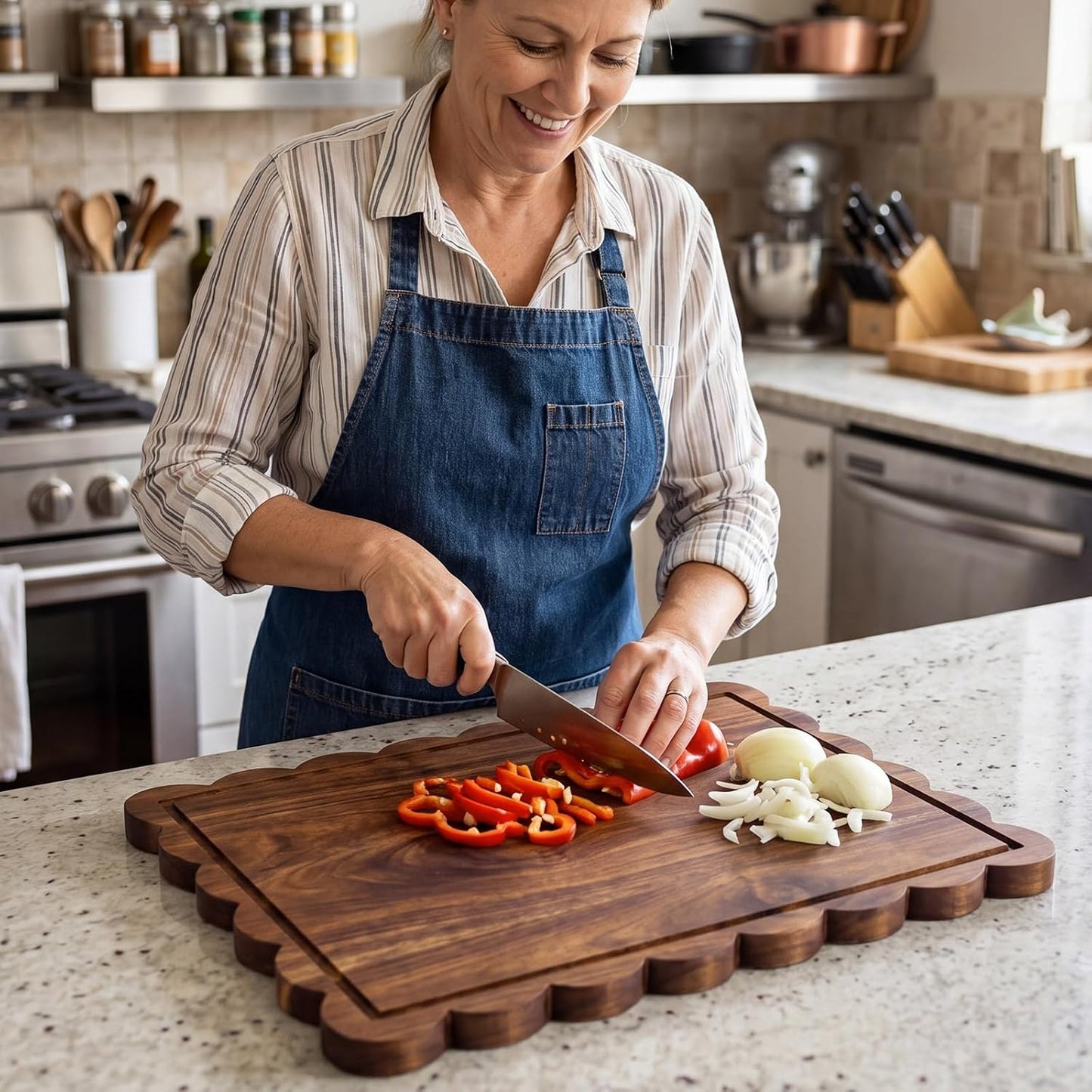 17" x 12" Scalloped Cutting Board Large Acacia Wood Cutting Board with Handle Butcher Block Wooden Trays for Kitchen Food Meat Fruit Vegetable Cheese