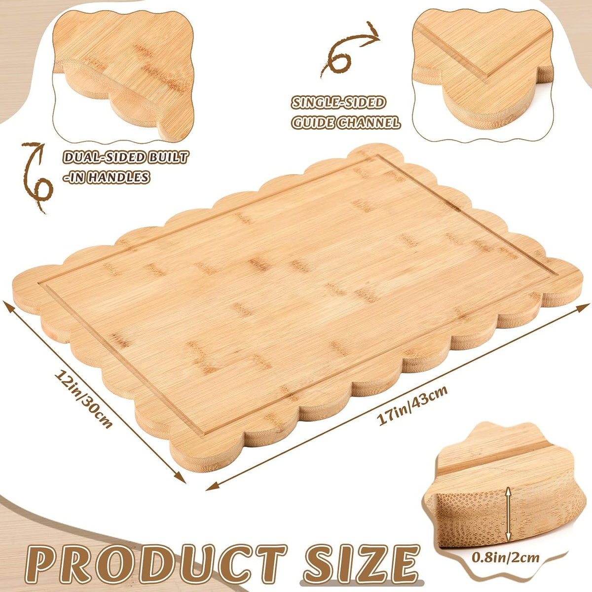 17" x 12" Scalloped Cutting Board Large Acacia Wood Cutting Board with Handle Butcher Block Wooden Trays for Kitchen Food Meat Fruit Vegetable Cheese