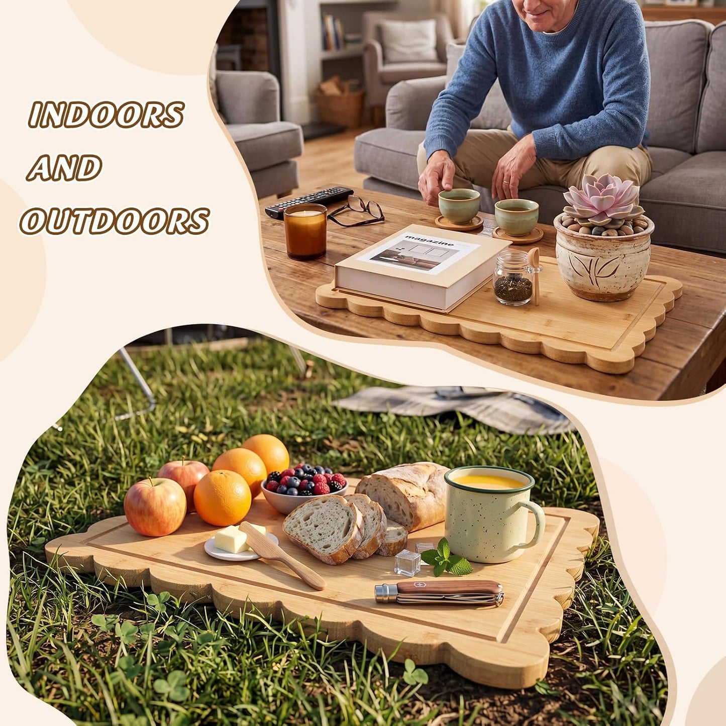 17" x 12" Scalloped Cutting Board Large Acacia Wood Cutting Board with Handle Butcher Block Wooden Trays for Kitchen Food Meat Fruit Vegetable Cheese