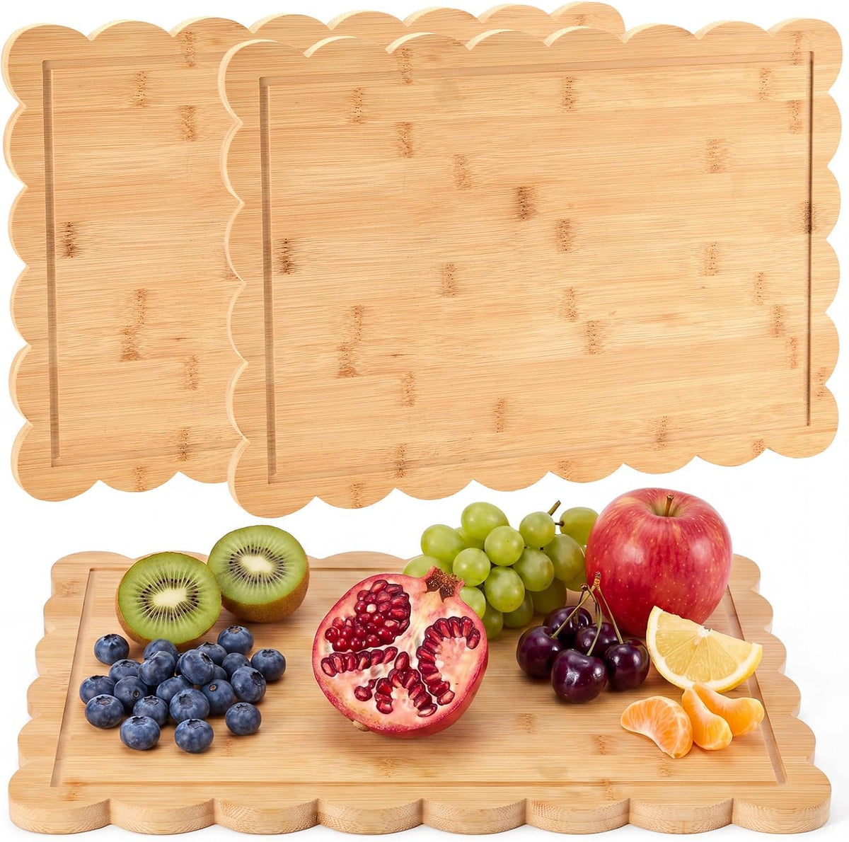 17" x 12" Scalloped Cutting Board Large Acacia Wood Cutting Board with Handle Butcher Block Wooden Trays for Kitchen Food Meat Fruit Vegetable Cheese