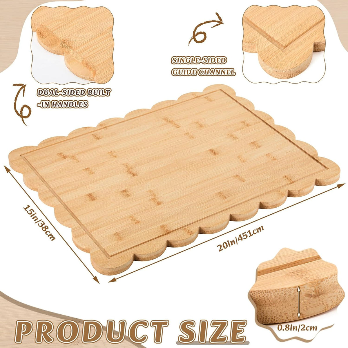 17" x 12" Scalloped Cutting Board Large Acacia Wood Cutting Board with Handle Butcher Block Wooden Trays for Kitchen Food Meat Fruit Vegetable Cheese