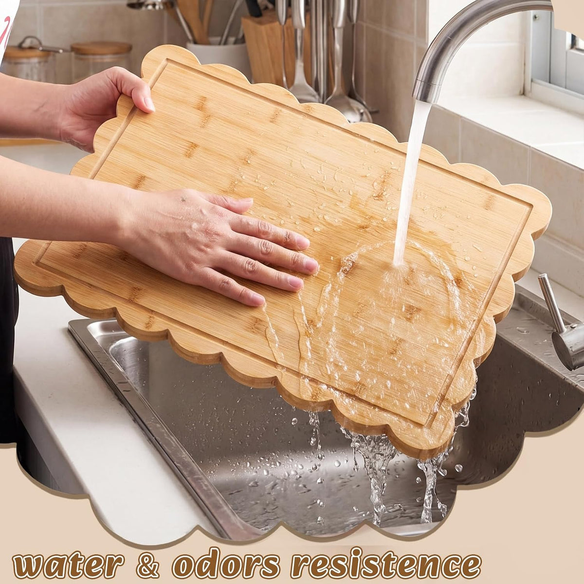 17" x 12" Scalloped Cutting Board Large Acacia Wood Cutting Board with Handle Butcher Block Wooden Trays for Kitchen Food Meat Fruit Vegetable Cheese