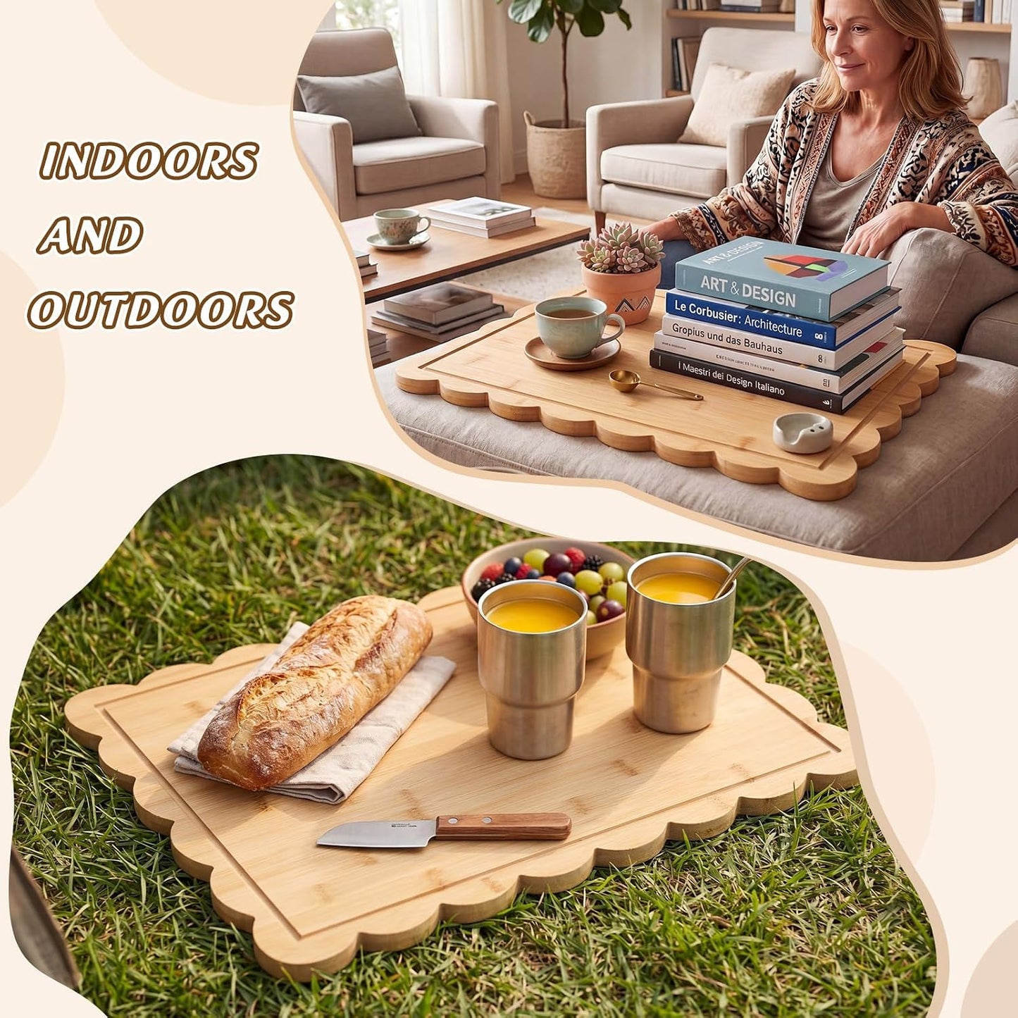 17" x 12" Scalloped Cutting Board Large Acacia Wood Cutting Board with Handle Butcher Block Wooden Trays for Kitchen Food Meat Fruit Vegetable Cheese