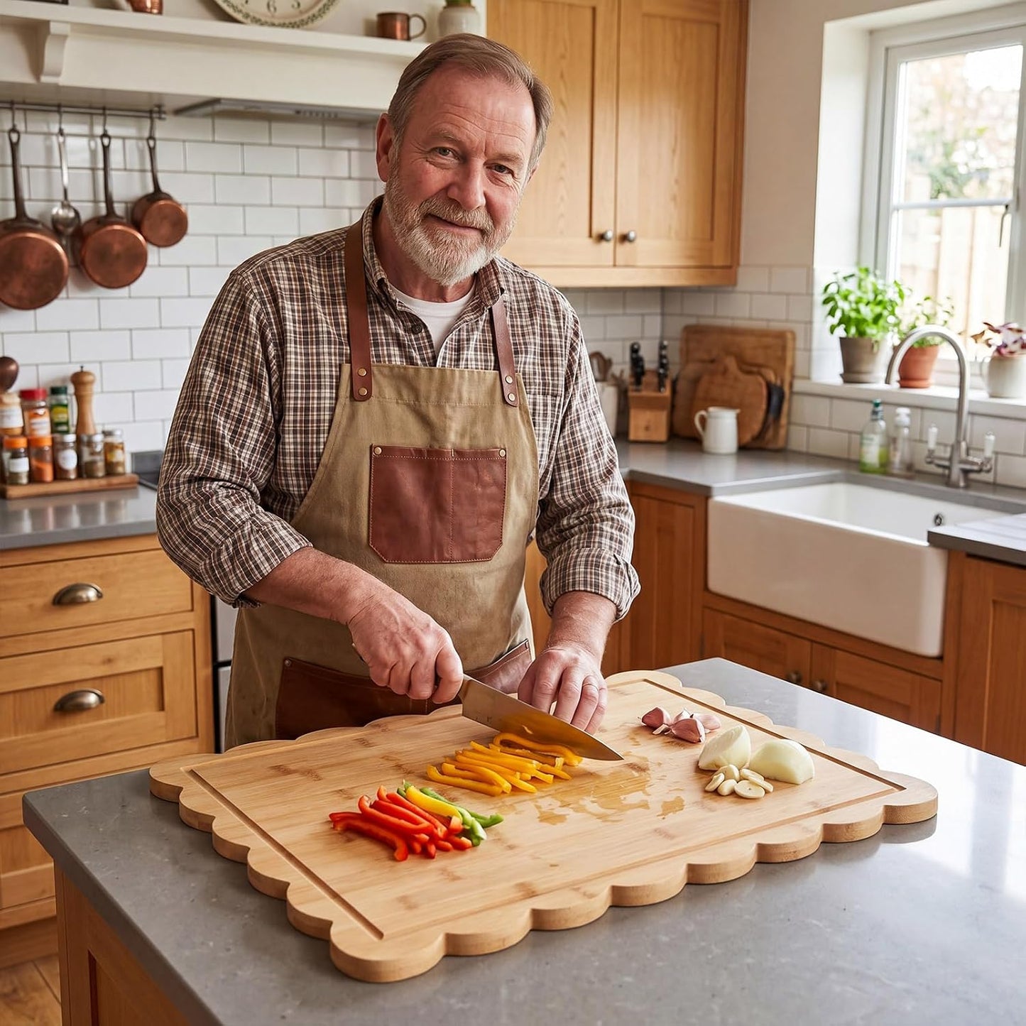 17" x 12" Scalloped Cutting Board Large Acacia Wood Cutting Board with Handle Butcher Block Wooden Trays for Kitchen Food Meat Fruit Vegetable Cheese